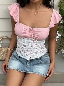 Sunnyshic 女士优雅休闲日常百搭时尚度假撞色褶皱花卉装饰泡泡袖短款T恤，春夏款 - 彩色 - 查看 7