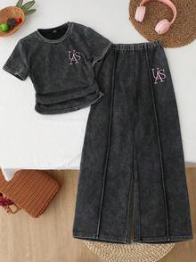 SHEIN Tween Girls Black Graphic Print Denim T-Shirt And Long Sweatpants Co-Ords For Casual Style With Short Sleeves - Black - View 1