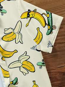 Manfinity Joysei 男式正面纽扣卡通香蕉全身印花短袖休闲度假衬衫