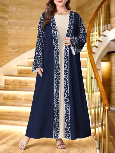 SHEIN Najma Áo khoác cardigan dài tay dáng rộng dành cho nữ, họa tiết lá cây, in kỹ thuật số, thích hợp cho mùa xuân và mùa thu.