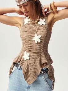 Bohemela Casual Asymmetric Hem Sleeveless Starfish Decor Knit Top, Summer - Khaki - View 9