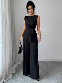 SHEIN Elenzya 女士新款黑色梭织圆领无袖收腰蝴蝶结宽松阔腿连体裤，优雅、休闲、舒适、简约，适合工作、度假、日常穿着，春夏皆宜。 - 黑色 - 查看 3