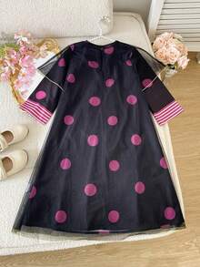SHEIN 2pcs/Set Young Girl Geometric Print Long Sleeve Dress And Mesh Sheer Short Sleeve Dress Elegant And Adorable Two-Piece Set For Baby Girls: A Black And Purple Polka-Dot Resort Robe, An Arabian-Style Robe, And A Black Mesh Cover-Up With Gold Embroidered Lace. This Elegant And Adorable Set Is Designed Specifically For Baby Girls, Featuring Middle Eastern Patterns, And Is Suitable For Both Indoor And Outdoor Wear., Young Girls Casual Kids Jalabiya,Kids - Black - View 5
