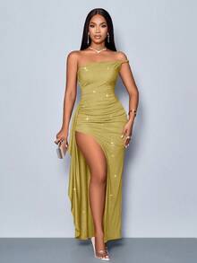 SOLERSUN Suitable For Christmas Party Vacation & Dating & Valentine's Day Dating Bright Red Asymmetrical Shoulder Straps High Side Slit Ruffle Trim Sparkly Long Dress For New Year Clothes Maxi Women Outfit Slit Dress Vegas Dress Sexy Vacation Dress Green Sparkly Dress Cruise Dress - Mustard Yellow - View 4
