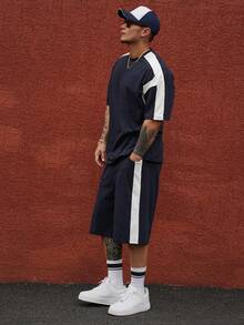 DAZY Men's Summer Patchwork Contrast Color Letter Print Short Sleeve T-Shirt And Shorts Set - Navy Blue - View 3