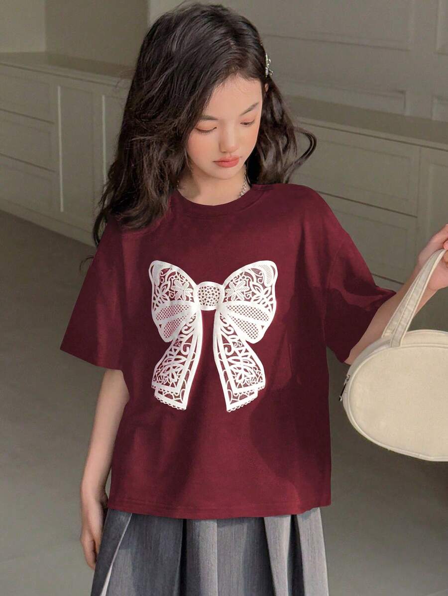 Dazy Kids Tween Girl Round Neck Knit Short Sleeve Bowknot & Floral Print T-Shirt, Spring/Summer - Red - View 1