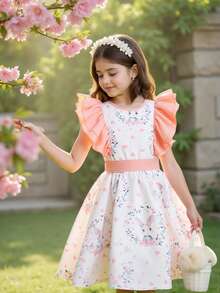 SHEIN 女童休闲碎花连衣裙，配可拆卸大蝴蝶结，春夏款 - 彩色 - 查看 3