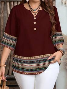 EMERY ROSE Plus Size Casual Vacation Geometric Print Cut-Out Collar Shirt, Suitable For Summer Spring - Brown - View 1