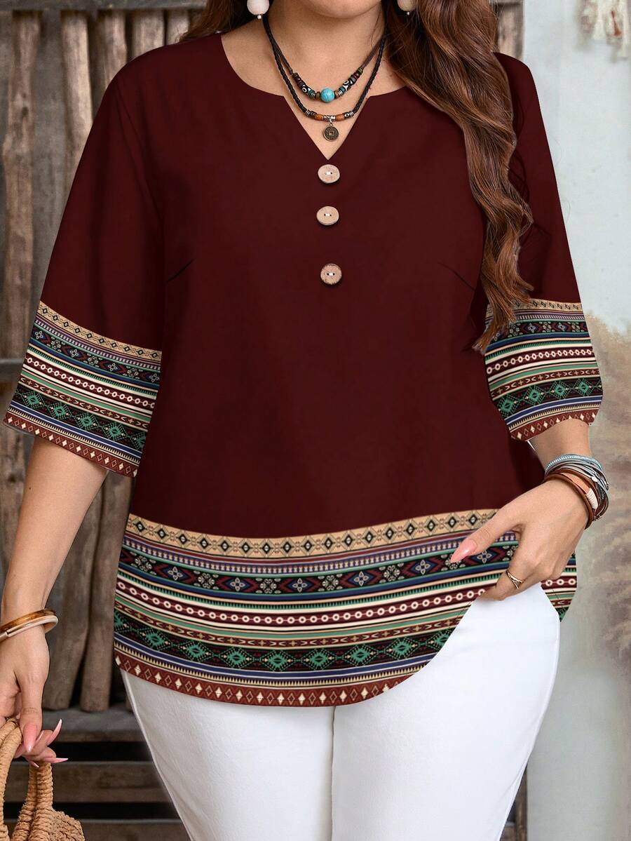 EMERY ROSE Plus Size Casual Vacation Geometric Print Cut-Out Collar Shirt, Suitable For Summer Spring - Brown - View 1
