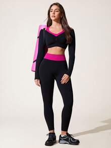 SHEIN Dewbera Bộ đồ thể thao nữ gồm áo dài tay và quần legging liền mạch phối màu tương phản, thích hợp cho yoga, tập luyện, thể dục, chạy bộ và mặc thường ngày. - Nhiều màu - Xem 7