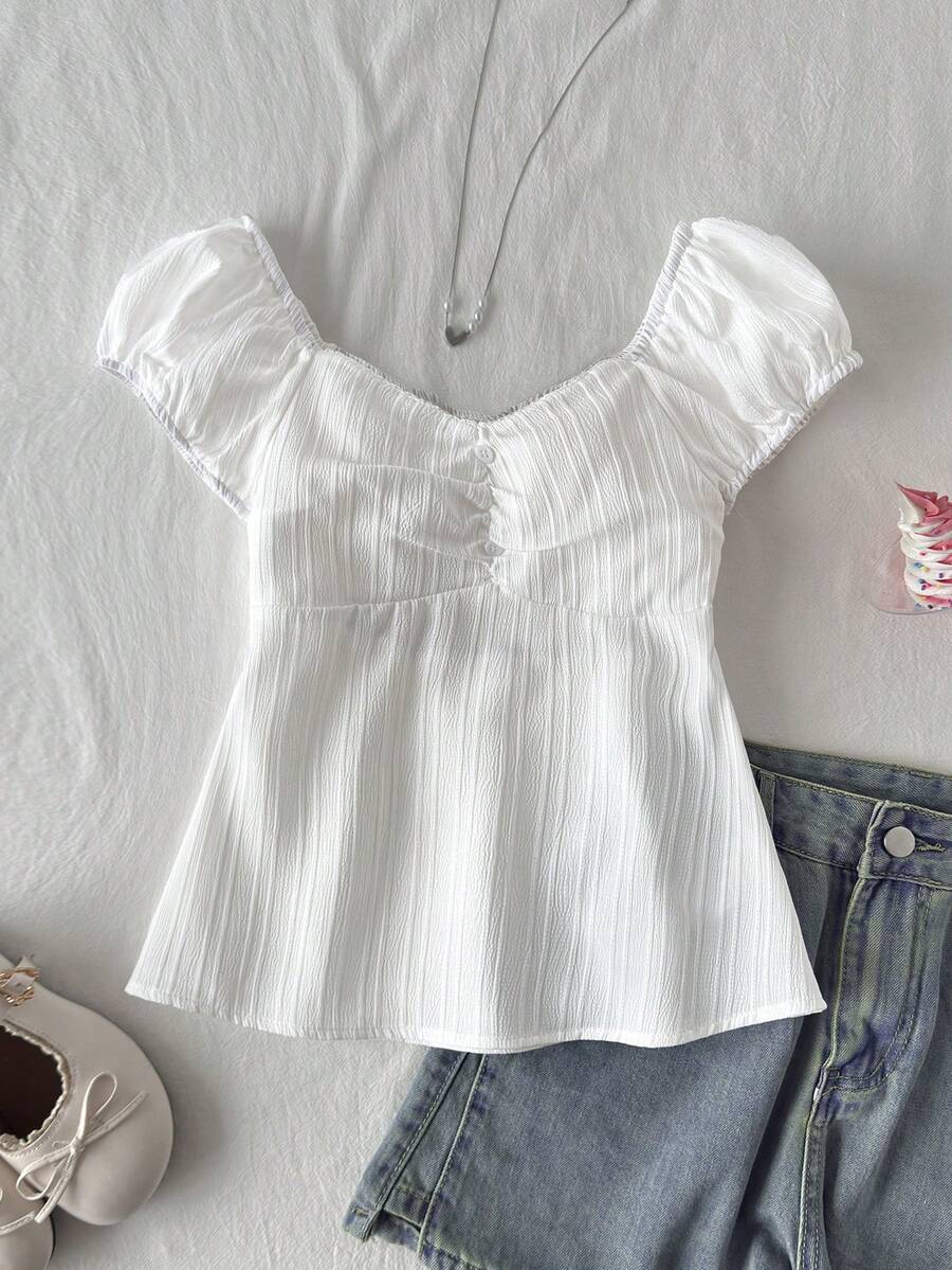 SHEIN Áo kiểu nữ tuổi teen thanh lịch, cổ chữ U, tay bồng, eo cài cúc, chất liệu jacquard, màu trắng, kiểu dáng ngọt ngào và dễ thương như áo ba lỗ, thích hợp cho mùa xuân/hè. - trắng - Xem 1