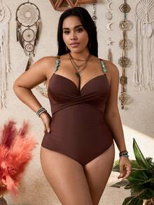 Swim Lushoire 大码女式纯色V领可调节肩带连体泳衣 - 棕色 - 查看 4