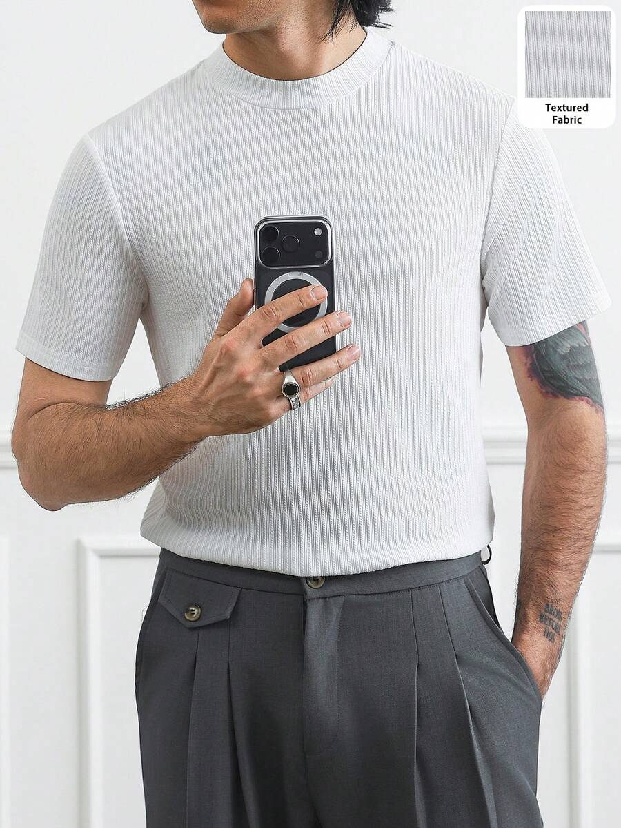HUEFORM Men's Casual Solid Color Commuter  Textured T-Shirt,Basic And Versatile Style, Stretchy And Forgiving. Men Mesh Top - White - View 1