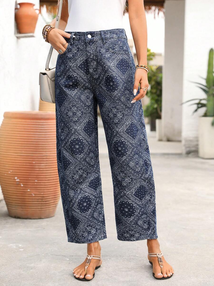 EMERY ROSE 女士宽松腰果花喇叭休闲牛仔裤 - 彩色 - 查看 1