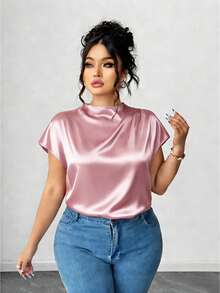 Elenzga Plus Size Women's Elegant Black Poplin Solid Color Shirt, Spring/Summer - Pink - View 5