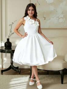 Tween Girls' Spaghetti Strap Dress,3D Floral Decor White Elegant Summer Vacation Holiday Birthday Party Fitted Ribbed Top Gentle Style Outfit - White - View 4