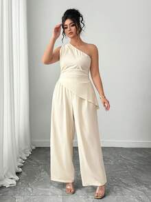 Elenzga Conjunto de dos piezas de blusa sin mangas con bajo asimétrico elegante y pantalones de pierna ancha para mujer de talla grande, de moda para primavera/verano - Albaricoque - Ver 5