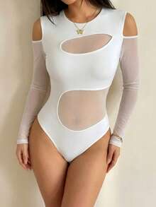 VaVaBold 女式纯色露肩长袖网眼拼布白色紧身衣，性感秋季女装 - 白色 - 查看 9