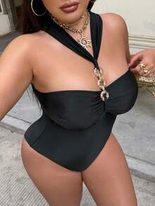 Swim SXY 大码女式纯色金属亮片优雅性感连体泳衣 - 黑色 - 查看 1