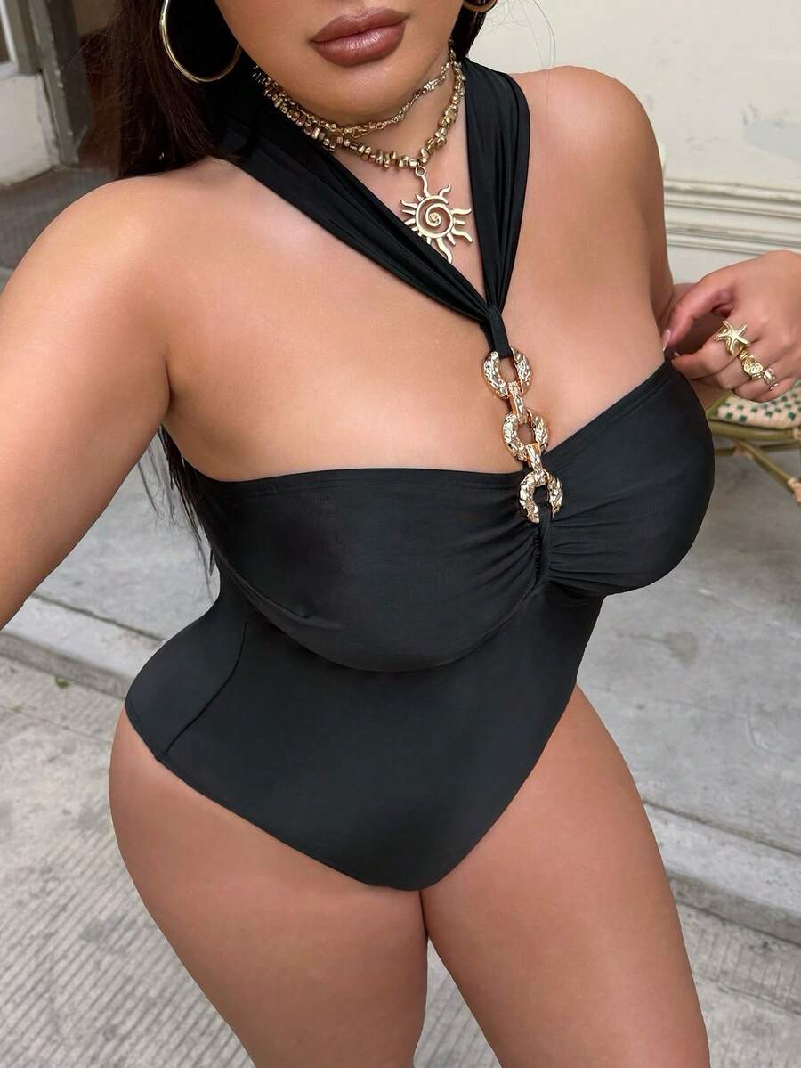 Swim SXY 大码女式纯色金属亮片优雅性感连体泳衣 - 黑色 - 查看 1