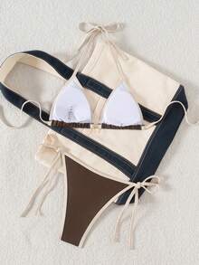 Swim SXY Women's Summer New Halter Tie-Up Contrast Trim Daisy Pendant Low-Waist Triangle Bikini Set - Brown - View 2