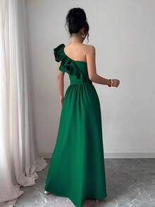 KKMALL Dress With Asymmetrical Neckline And Leg Openness - Green - View 2