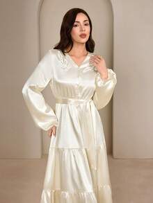 Modelyn Elegant V-Neck Apricot Long Dress, High-Quality Slimming Design Modest Long Dress Silky Dress Satin Long Dress French Style Dress Modest Dress - Apricot - View 5