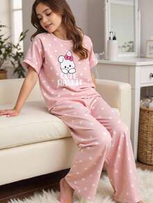 Genkimix Kids 2pcs Cute Rabbit Polka Dot Print Short Sleeve Shorts Casual Sleepwear Set For Tween Girls - Pink - View 8