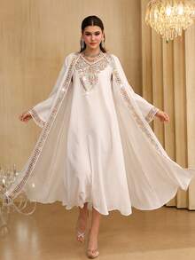 Al Najma 彩色刺绣织带拼接无袖连衣裙，带可拆卸领子 - 白色 - 查看 5