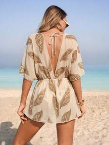 Swim Lushoire 1pc Women Leaf Print Mesh Cover-Up, Casual For Home, Beach, Pool, Vacation, Spring/Summer - Multicolor - View 2