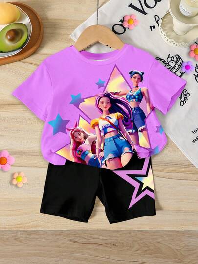 1 Set Young Girls Casual Fashion K-POP Cartoon Girl Ombre Shiny Star Print Short Sleeve Knit T-Shirt And Matching Star Pattern Printed Shorts Set, Comfortable T-Shirt Outfit For Young Girls Daily, Holiday, School