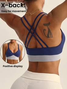 Seamluxe SHEIN Sport Sujetador deportivo de uso diario para mujer con espalda cruzada de color contrastante - Azul Marino - Ver 1