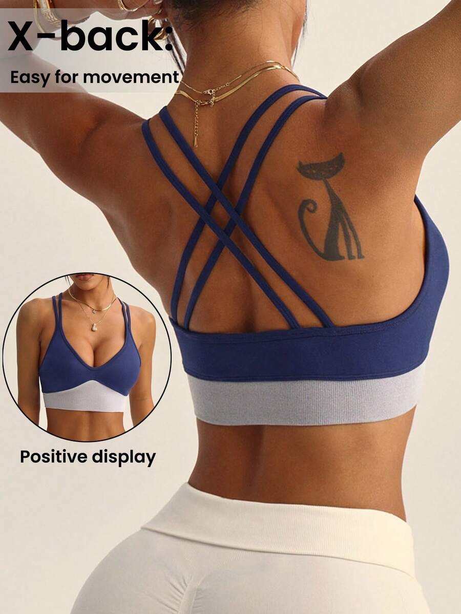 Seamluxe SHEIN Sport Sujetador deportivo de uso diario para mujer con espalda cruzada de color contrastante - Azul Marino - Ver 1