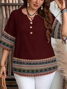EMERY ROSE Plus Size Casual Vacation Geometric Print Cut-Out Collar Shirt, Suitable For Summer Spring - Brown - View 5