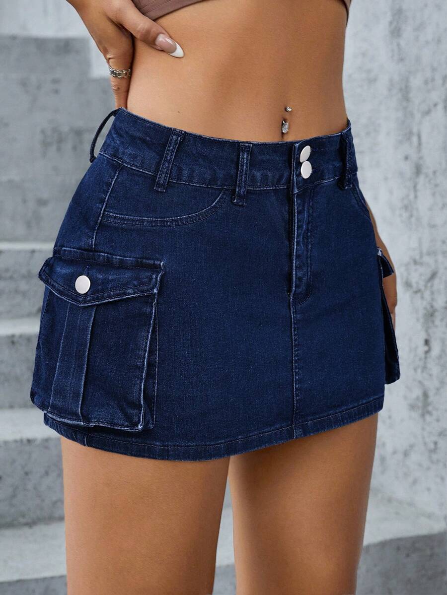 SHEIN ICON 女士时尚性感口袋牛仔低腰超短迷你裙 - 深色水洗藍 - 查看 1