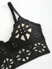 Bonvoyette 3pcs/Set Summer New Women's Swimsuit Strappy Solid Top, High Waisted Shorts, Hollow Out Long Beach Cover Up, Fashion Resort Bikini Set - Black - View 8