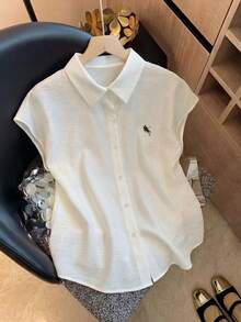 SHEIN LUNE 大码刺绣休闲衬衫 - 米色 - 查看 1