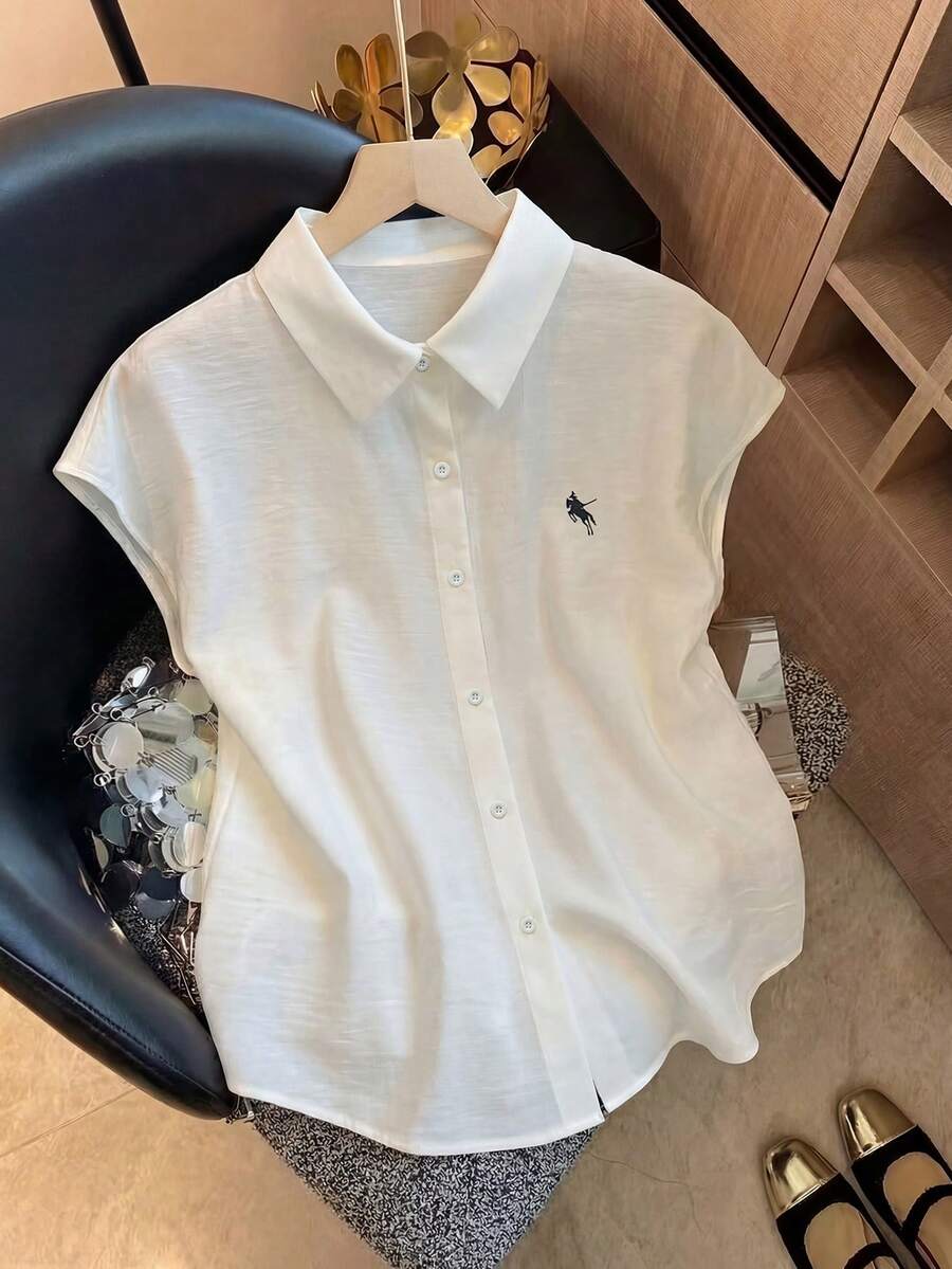 SHEIN LUNE 大码刺绣休闲衬衫 - 米色 - 查看 1