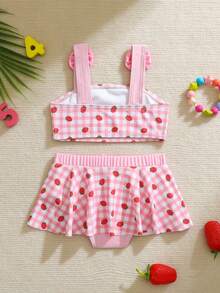 2件套女婴/幼儿格子印花吊带蝴蝶结装饰可爱套装 - 彩色 - 查看 4
