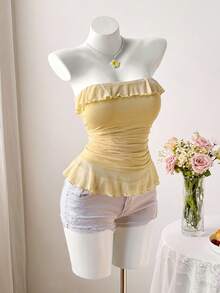 Sweetra Áo ống nữ kiểu dáng thường ngày, màu trơn, viền bèo nhún, kiểu áo blouse phối bèo nhún ở gấu áo. - Màu vàng - Xem 3