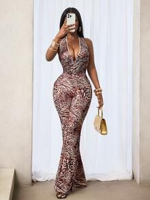 BamGleam Women's Leopard Print Mesh Sexy Jumpsuit, Summer - Brown - View 4