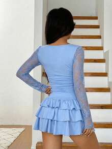 SHEIN EZwear 女士新款秋季黑色蕾丝拼接层叠荷叶边迷你连衣裙 - 藍色 - 查看 2