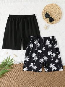 SHEIN Bộ 2 quần short đi biển cho bé trai tuổi teen, 13-16 tuổi, in hình cây cọ đen trắng, cạp chun có dây rút, dáng rộng thoải mái, thích hợp cho kỳ nghỉ hè. Quần bơi nam, quần short đi biển nam, quần bơi đen, quần bơi in hình cây cọ, quần bơi nam, quần short đi biển nam, quần bơi có dây rút, quần bơi in hình cây cọ. - Nhiều màu - Xem 3