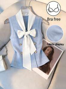 GlowEve Fashionable Women's Blue Cold Shoulder Knitted Tank Top With Bow Detail And Regular Hem Bow Clothes Women Vest Baby Blue Top Women - Blue - View 1