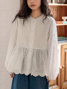 Dazy Kids Tween Girl Floral Embroidery Hollow Out Single-Breasted Long Sleeve Loose Smock Shirt - White - View 6