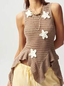 Bohemela Casual Asymmetric Hem Sleeveless Starfish Decor Knit Top, Summer - Khaki - View 4