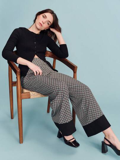lacRébo Geometric Print High Waisted Wide Leg Trousers With Contrast Hem Detail In Fluid Fabric Chic Spring Summer Pants French Style Parisian Style