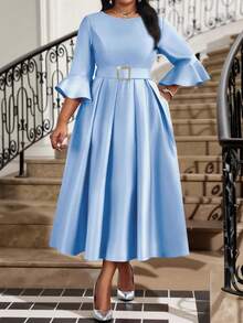 Fleurora Vestido elegante de manga acampanada y cuello redondo de unicolor para mujer de talla grande, ideal para fiestas, bodas, cócteles y navidad. Vestido de línea A con cinturón y manga de campana. Conjunto de talla grande para fiesta de graduación. Vestidos de cumpleaños para mujer en otoño. Ropa de mujer para maestras. Vestido de satén para navidad. Vestido para invitada de boda. Vestido modesto. Vestido midi floral. - Celeste - Ver 6