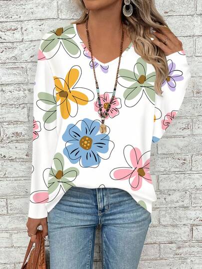 EMERY ROSE Plus Size Women V-Neck Loose Floral Print Long Sleeve T-Shirt