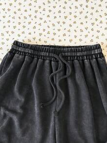 SHEIN Tween Girl Ribbed Jumpsuit And Drawstring Waist Wide Leg Pants Casual Outfit - Grey - View 5